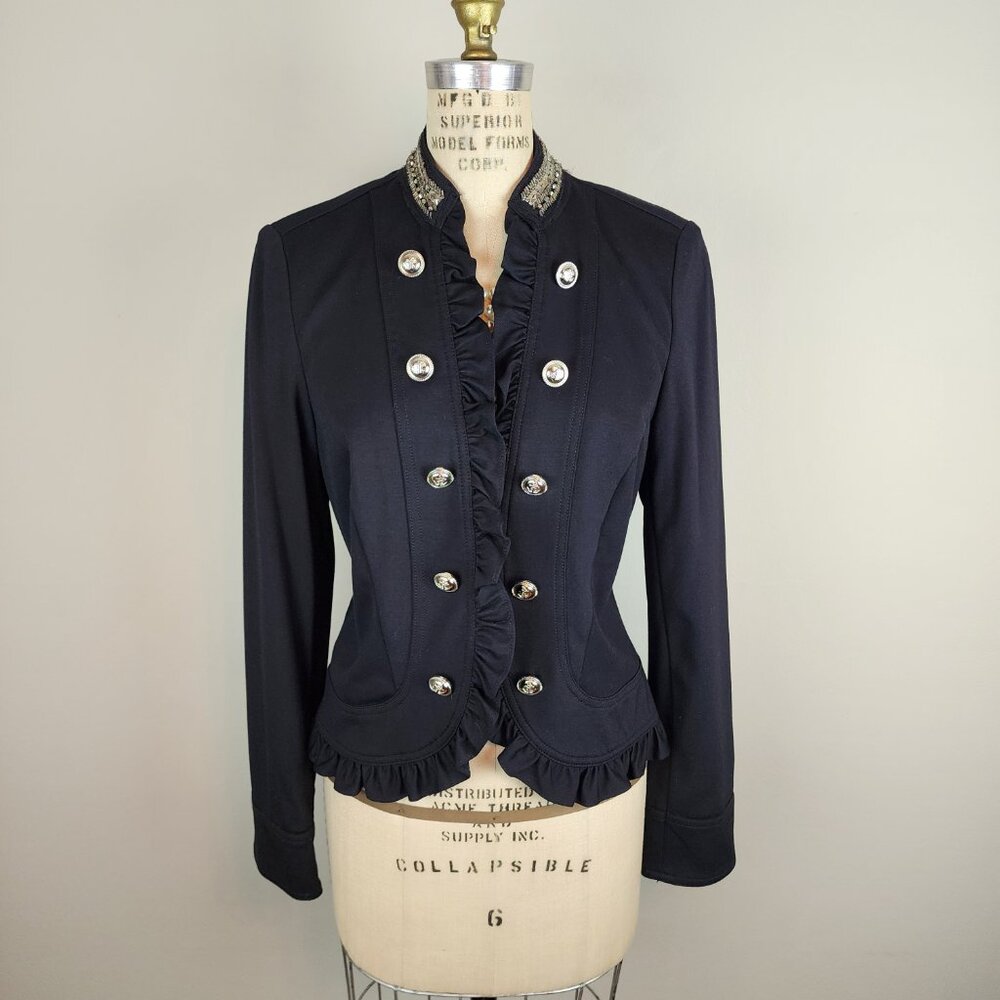 INC International Concepts Black Military Style Blazer Jacket Ruffle Detail  Med